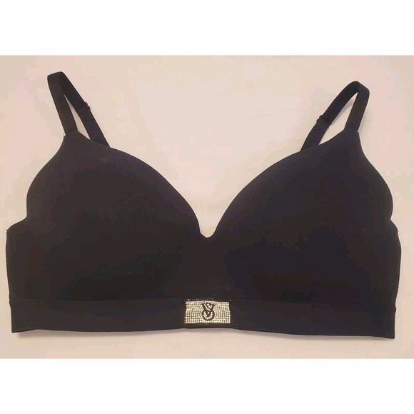 VICTORIA'S SECRET T-SHIRT LIGHTLY LINED WIRELESS RHINESTONE LOGO 38D BLACK - Picture 1 of 7